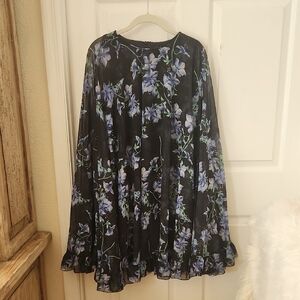 Black Floral Swing Dress with Blue Lilac Flowers